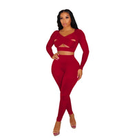Sportswear Fitness Cross Strap Cut Out Long Sleeve Crop Top + Leggings Two Piece Set Club Outfits