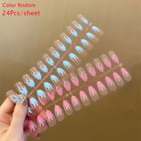 24Pcs Gradient Long Ballet False Nails With Rhinestone Butterfly Design French Coffin Fake Nail Full Cover Press On Fingernail