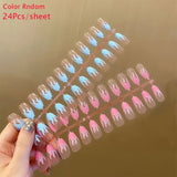 24Pcs Gradient Long Ballet False Nails With Rhinestone Butterfly Design French Coffin Fake Nail Full Cover Press On Fingernail