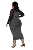 Plus Size avail Black Mesh Sequined Long Sleeve Slim Party Dress