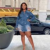 Long Sleeve Denim Mini Dress Ripped Sexy Plus Size avail