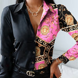 Turn-down Collar Long Sleeve Blouse Scarf Print shirt