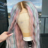 Ombre Pink hd Lace Frontal Wig Pre Plucked Loose Deep Wave Wig Pastel Purple Blue Highlight Wig Human Hair - Divine Diva Beauty