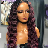 Dark Red Color Brazilian Remy Human Hair Hd Lace Frontal Wig Preplucked Hairline 13x4 Lace Front Deep Wave Wig - Divine Diva Beauty