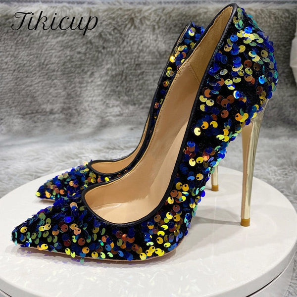 Blue Bling Sequins Women Sexy Extremely High Heels Pointed Toe Slip On Stiletto Chic Pumps - Divine Diva Beauty