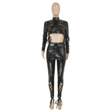 Sexy Hollow Drawstring Strap Long Sleeve PU Leather Crop Two-piece Set