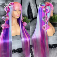 Pastel Purple Rainbow Colored Straight Lace Front Wig with Bangs Pre Plucked Blue Pink 13x4 Lace Front Human Hair Wigs - Divine Diva Beauty