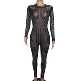 Sexy see through Black mesh Rhinestone jumpsuit bodysuit