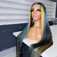 Natural Black Blue Green Rainbow Colored Human Hair Wigs for Women 13x4 Straight Lace Front Wig Pre Plucked Hairline - Divine Diva Beauty