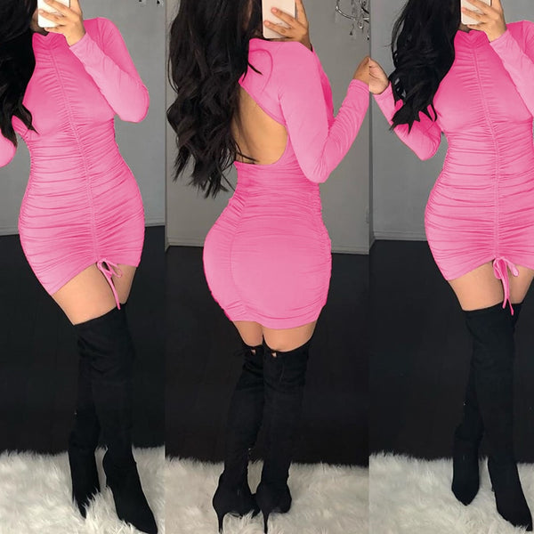 Sexy Charming Party Club Dress Long Sleeve Pleated Mini Bandage Backless
