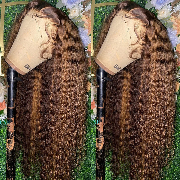 Highlight Wig Human Hair 13x4 Curly Wig Honey Blonde Lace Front Wigs For Black Women 30 Inch Ombre Colored Deep Wave Frontal Wig