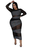 Plus Size avail Black Mesh Sequined Long Sleeve Slim Party Dress