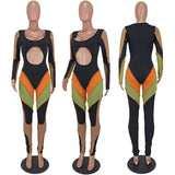 Sexy Cut Out Striped Patchwork Bodycon Jumpsuit Women Long Sleeve Party Club Outfits Sporty Romper bodysuit