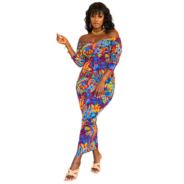 Plus Size avail Dress Print Short Sleeve Off Shoulder Stretchy Skinny Bodycon Long Maxi dress
