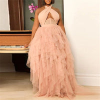 Plus Size avail Sexy Strapless Hang Neck Style Falbala Backless Perspective Gauze Gown dress