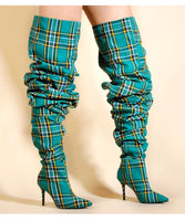 Fashion Yellow Palm Tree Shoes Winter Women Thigh High Boots Ladies Over The Knee Boots Ladies High Heel Plaid Boots