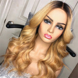 Ombre Blonde Human Hair Wigs 1B27 Wavy Lace Front Wig 180% Density Pre Plucked Honey Blonde Body Wave Lace Wigs - Divine Diva Beauty