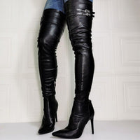 Black Over The Knee Boots Women Thin 4 inch Heels Side Zip Long Boots 11+