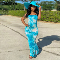 Women Summer Fashion Dress Strapless Long Maxi Dress Tie-dye Print