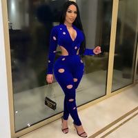 Sexy Hole Velvet Jumpsuit Cut Out Zipper Long Sleeve Pants Playsuit bodysuit Romper Overalls - Divine Diva Beauty