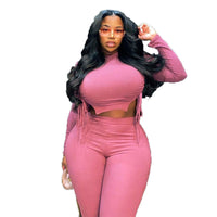 Sexy Plus Size Ribbed Long Sleeve Crop Sets 2 piece