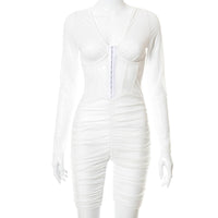 White See Through Playsuit bodysuit Long Sleeve Sheer Mesh Patchwork Pleated Jumpsuit