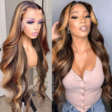Highlight Wig Human Hair Body Wave Lace Front Wig Brown Colored Human Hair Wigs 13x1 Transparent Lace PrePlucked Wigs - Divine Diva Beauty