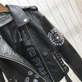 Faux Leather Jacket Turn-Down Collar Letter Print - Divine Diva Beauty