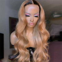 Ombre Blonde Human Hair Wigs 1B27 Wavy Lace Front Wig 180% Density Pre Plucked Honey Blonde Body Wave Lace Wigs - Divine Diva Beauty