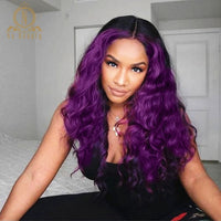 Violet Purple Color Wig Water Wave T Part Lace Human Hair Wigs Pre Plucked HD Transparent 13x1 Lace Wig