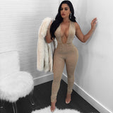 Sexy Deep V-neck Bodycon Jumpsuit for Women Rompers Rhinestone bodysuit