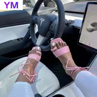 Lace Up Around Ankle Strap Flats Laces Square Toe sandal shoes