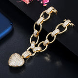 Love Heart Charm CZ Gold Plated Cuban Link Chain Bracelets Jewelry