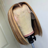 4x4 Lace Closure Wigs Straight Short BOB Honey Blonde Highlight Human Hair Wigs Straight Lace Front Wig Remy Hair BOB