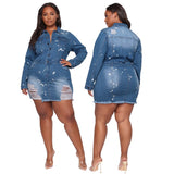 Long Sleeve Denim Mini Dress Ripped Sexy Plus Size avail