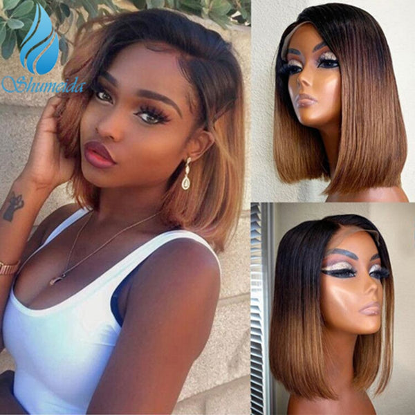 Ombre Brown 13x4 Lace Front Human Hair Wigs Brazilian Remy Human Hair Lace Frontal Wig Short BoB Wig with Baby Hair - Divine Diva Beauty