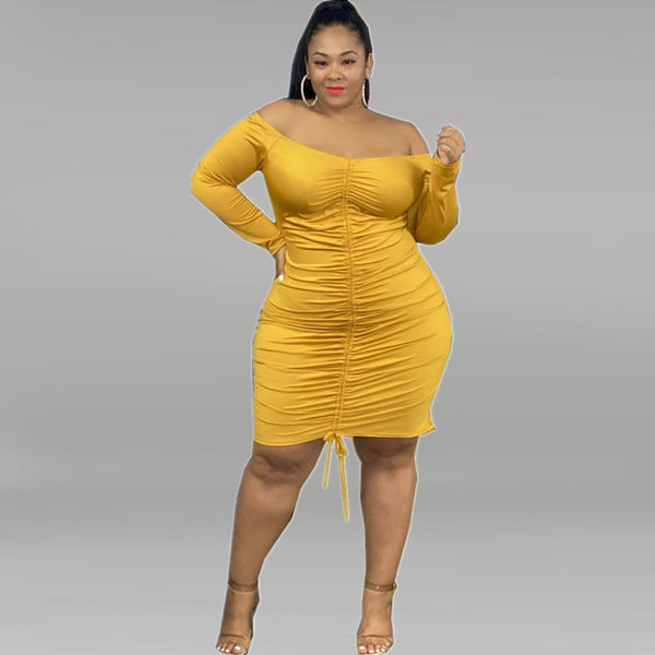 Plus Size avail Solid Color Long Sleeve off shoulder  Shirring Dress