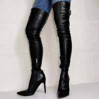 Black Over The Knee Boots Women Thin 4 inch Heels Side Zip Long Boots 11+