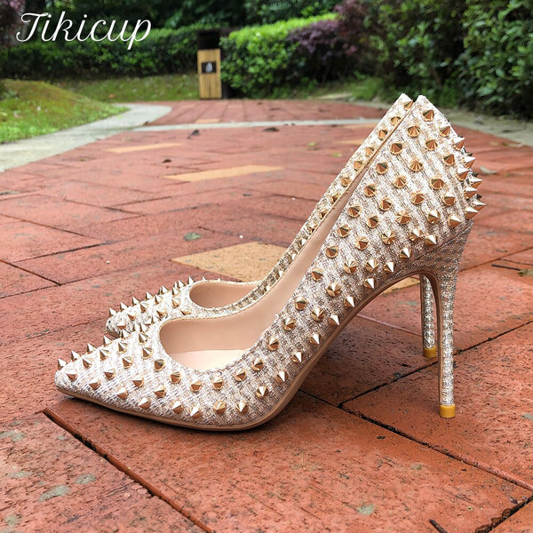 Golden Glitter Spikes Pointy Toe High Heel pumps - Divine Diva Beauty