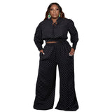 Plus Size avail Women Clothing Two Piece Sets Polka-dot Round Neck Lace-up Pocket Wide Leg Pants Sexy Outfit - Divine Diva Beauty