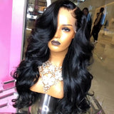 Free Part Jet Black Synthetic Lace Frontal Wigs With Natural Hairline 24 Inches Long Body Wave Lace Wig