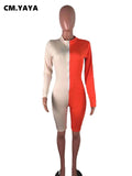 Women Playsuit Patchwork Stand Collar Full Sleeve Zip Sheath Elastic Bodycon bodysuit