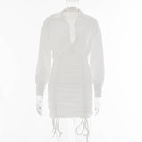 Simple Drawstring Shirt Dress Polo Neck Tight  Long Sleeve White Shirring Dress
