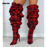 Fashion Yellow Palm Tree Shoes Winter Women Thigh High Boots Ladies Over The Knee Boots Ladies High Heel Plaid Boots