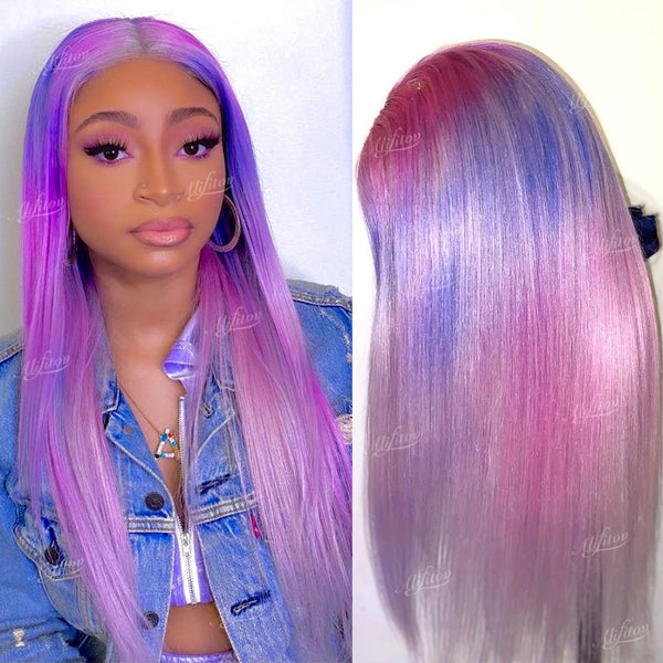 Pastel Purple Straight Lace Front Wig Ombre Blue Human Hair Wigs with Baby Hair Transparent Lace Wigs - Divine Diva Beauty
