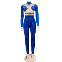 Sheer Mesh Patchwork Crystal Velvet Jumpsuit Rompers bodysuit