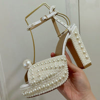 Pearl Platform Sandals Women Open Toe Rhinestone Diamond Square High Heels shoes