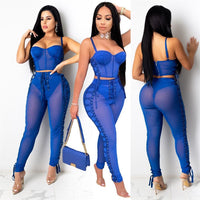 Sexy Night Party Bandage 2 Piece Set Women Suit Sleeveless Strapless Mesh Sheer set