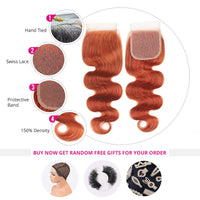 Ginger Bundles With Closure Body Wave Bundles With Lace Closure Brazilian Remy Blonde Orange Colored  Hair Weave