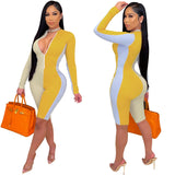 Women Playsuit Patchwork Stand Collar Full Sleeve Zip Sheath Elastic Bodycon bodysuit